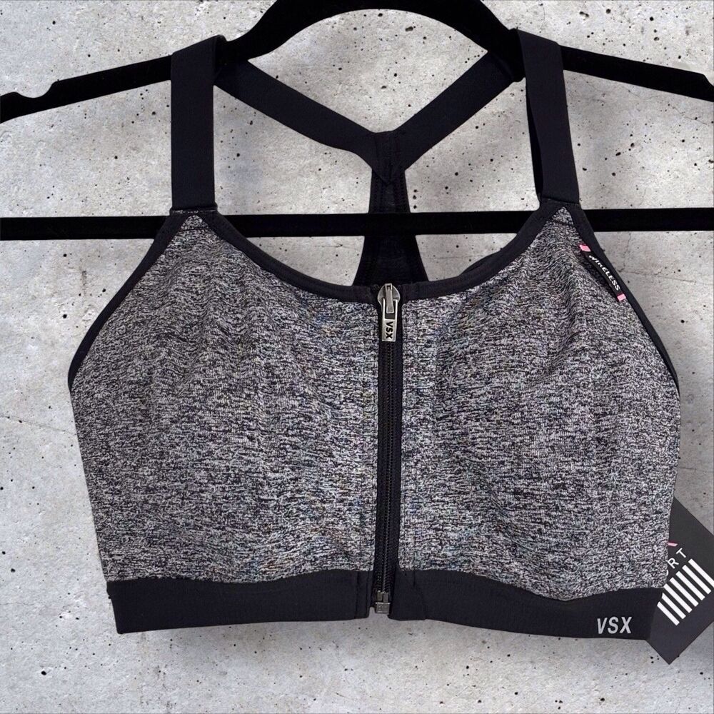 Victorias Secret VSX Sport Bra Knockout Wireless 32DD Black Front Zip Close Used